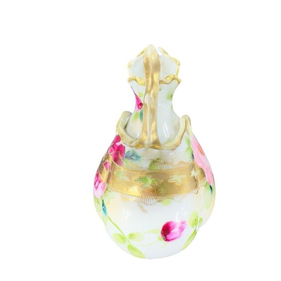 Antique Nippon Hand Painted Green Vase Pitcher Ewer Floral Gold Trim Porcelain - Picture 3 of 16